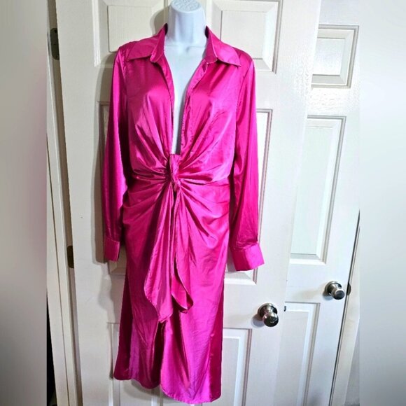 Hers & Mine Hot Pink Satin Tie Front Button Midi Dress Women’s Large Glam Luxe - Picture 2 of 7